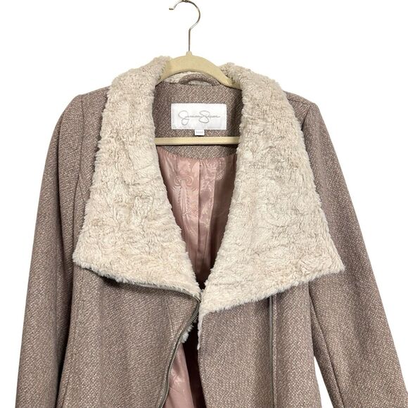 Jessica Simpson Womens Sz S Blush Pink Faux Fur Collar Coat Wool Blend Belted - Picture 2 of 8